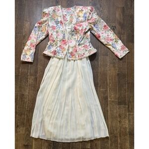 Nah Nah 2Pc Flowing Ivory Chiffon Skirt Brocade Multicolor Floral Jacket  VTG